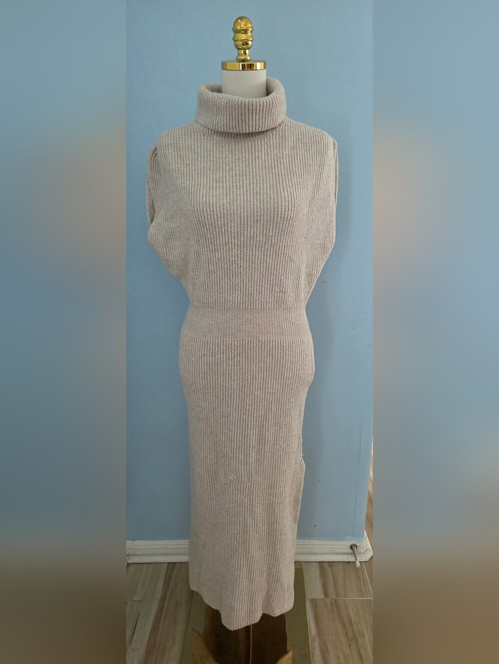 Splendid Ribbed Turtleneck Midi Dress in Light Beige